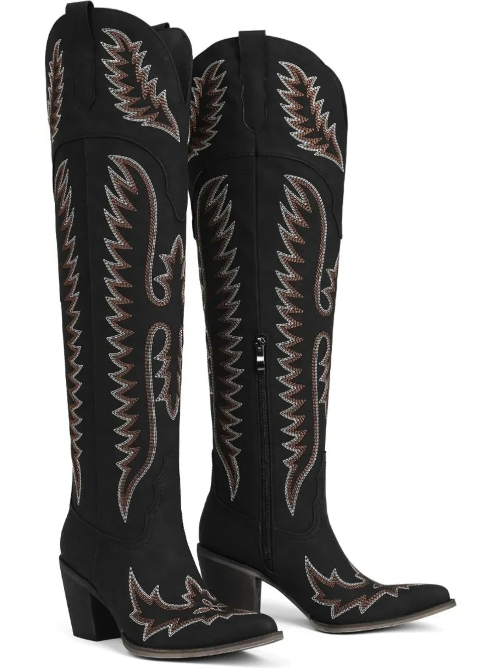 Women's Black Embroidered Pointed Toe Western Cowgirl Over The Knee High Boots